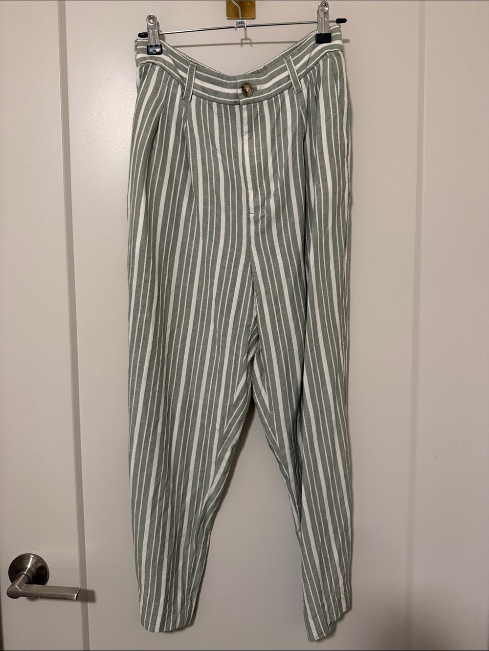 Madewell Green and White Vertical Stripe Linen Chinos
